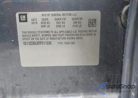 2015 Chevrolet Malibu 1Lt из США, поврежденный, VIN 1G11C5SLXFF311336